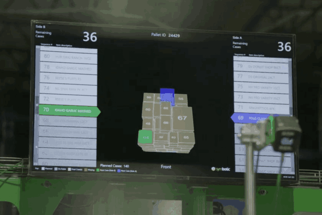 Screen displaying pallet ID 24429 with case details and numbers at a warehouse or logistics facility.