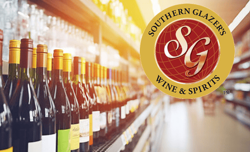 Wine bottles on store shelves with Southern Glazer's Wine & Spirits logo overlay in the corner.