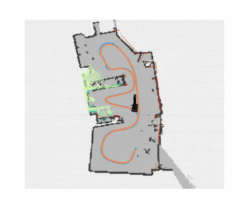 Map of a building layout with a marked path, showing interior routes and highlighted areas for navigation or planning.