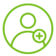 User icon with a circular outline and a plus sign, indicating add or create a new user account.