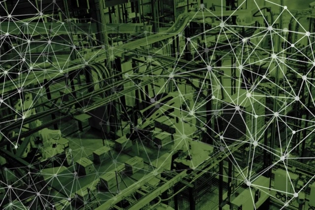 Warehouse automation with interconnected conveyor belts and robotic arms, enhanced by green digital network lines overlay.